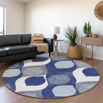 8' Navy Blue And Denim Blue Round Ogee Washable Indoor Outdoor Area Rug