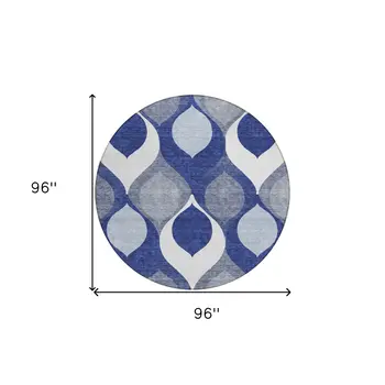 8' Navy Blue And Denim Blue Round Ogee Washable Indoor Outdoor Area Rug