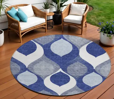 8' Navy Blue And Denim Blue Round Ogee Washable Indoor Outdoor Area Rug