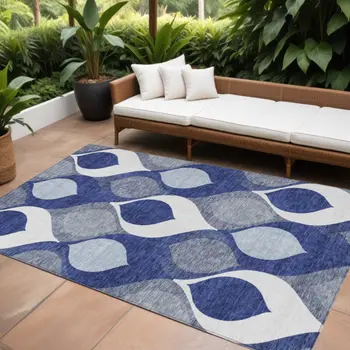 10' X 14' Navy Blue And Denim Blue Ogee Washable Indoor Outdoor Area Rug