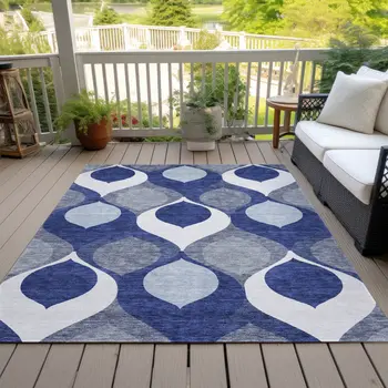10' X 14' Navy Blue And Denim Blue Ogee Washable Indoor Outdoor Area Rug