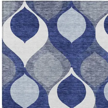 10' X 14' Navy Blue And Denim Blue Ogee Washable Indoor Outdoor Area Rug