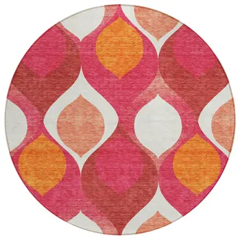 8' Pink Mauve And Orange Round Ogee Washable Indoor Outdoor Area Rug