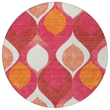 8' Pink Mauve And Orange Round Ogee Washable Indoor Outdoor Area Rug