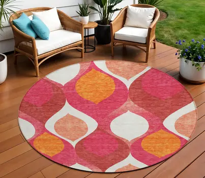 8' Pink Mauve And Orange Round Ogee Washable Indoor Outdoor Area Rug