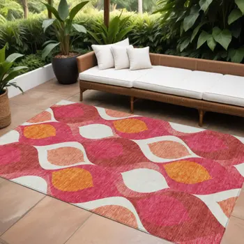 8' X 10' Pink Mauve And Orange Ogee Washable Indoor Outdoor Area Rug