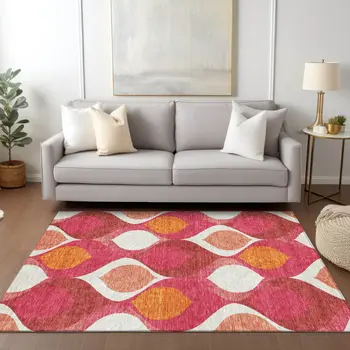 10' X 14' Pink Mauve And Orange Ogee Washable Indoor Outdoor Area Rug