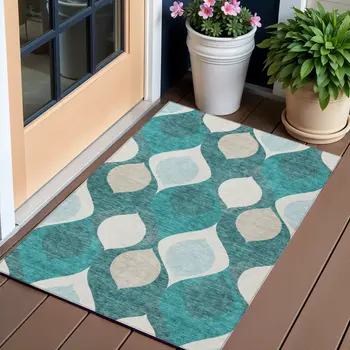 3' X 5' Teal Blue Sky Blue And Ivory Ogee Washable Indoor Outdoor Area Rug