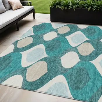 5' X 8' Teal Blue Sky Blue And Ivory Ogee Washable Indoor Outdoor Area Rug