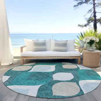 8' Teal Blue Sky Blue And Ivory Round Ogee Washable Indoor Outdoor Area Rug