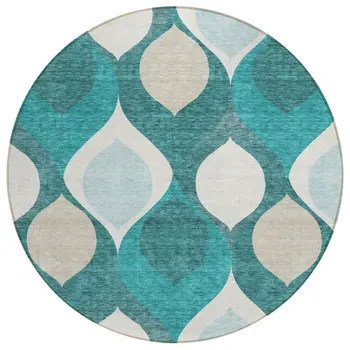 8' Teal Blue Sky Blue And Ivory Round Ogee Washable Indoor Outdoor Area Rug