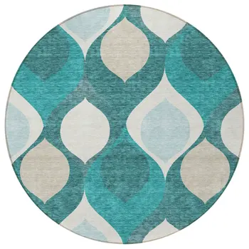 8' Teal Blue Sky Blue And Ivory Round Ogee Washable Indoor Outdoor Area Rug