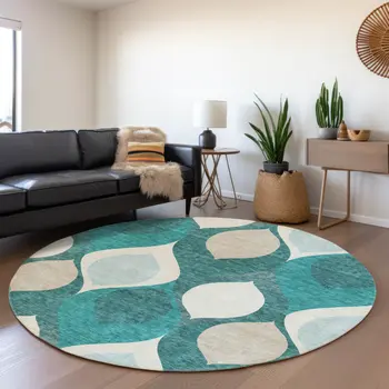 8' Teal Blue Sky Blue And Ivory Round Ogee Washable Indoor Outdoor Area Rug