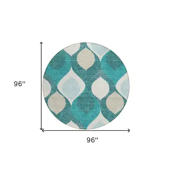 8' Teal Blue Sky Blue And Ivory Round Ogee Washable Indoor Outdoor Area Rug