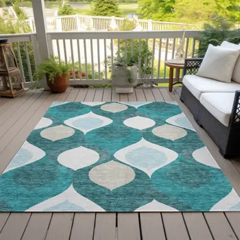 9' X 12' Teal Blue Sky Blue And Ivory Ogee Washable Indoor Outdoor Area Rug
