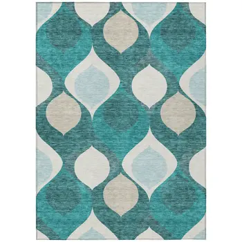 9' X 12' Teal Blue Sky Blue And Ivory Ogee Washable Indoor Outdoor Area Rug