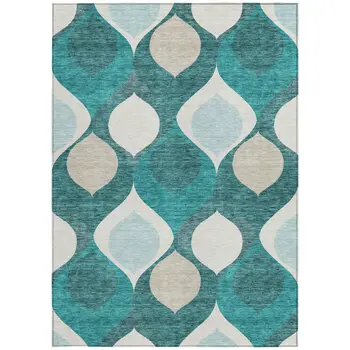9' X 12' Teal Blue Sky Blue And Ivory Ogee Washable Indoor Outdoor Area Rug