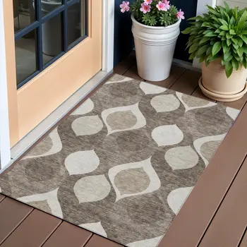 3' X 5' Taupe Beige And Brown Ogee Washable Indoor Outdoor Area Rug
