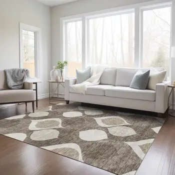 3' X 5' Taupe Beige And Brown Ogee Washable Indoor Outdoor Area Rug
