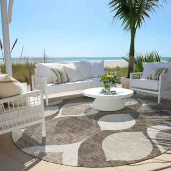8' Taupe Beige And Brown Round Ogee Washable Indoor Outdoor Area Rug