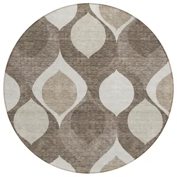 8' Taupe Beige And Brown Round Ogee Washable Indoor Outdoor Area Rug