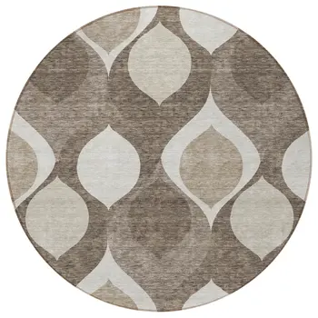 8' Taupe Beige And Brown Round Ogee Washable Indoor Outdoor Area Rug