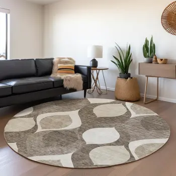 8' Taupe Beige And Brown Round Ogee Washable Indoor Outdoor Area Rug