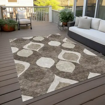 8' X 10' Taupe Beige And Brown Ogee Washable Indoor Outdoor Area Rug