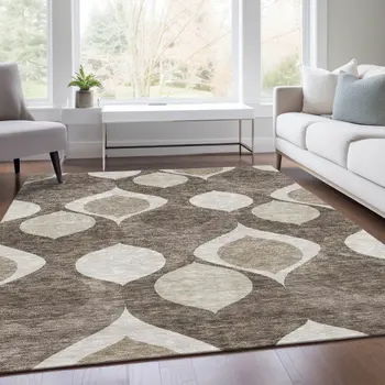 10' X 14' Taupe Beige And Brown Ogee Washable Indoor Outdoor Area Rug