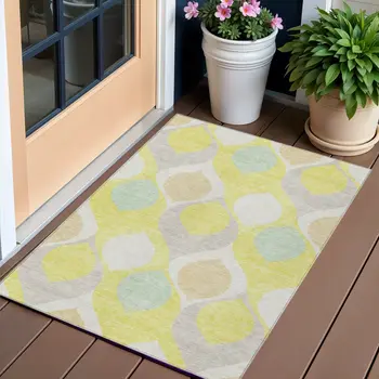 3' X 5' Yellow Mint Green And Beige Ogee Washable Indoor Outdoor Area Rug
