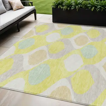 5' X 8' Yellow Mint Green And Beige Ogee Washable Indoor Outdoor Area Rug