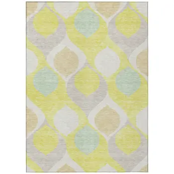 5' X 8' Yellow Mint Green And Beige Ogee Washable Indoor Outdoor Area Rug