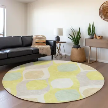 8' Yellow Mint Green And Beige Round Ogee Washable Indoor Outdoor Area Rug