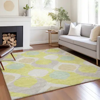 8' X 10' Yellow Mint Green And Beige Ogee Washable Indoor Outdoor Area Rug