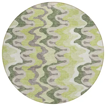 8' Artichoke Green And Ivory Round Abstract Washable Indoor Outdoor Area Rug