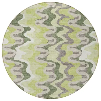 8' Artichoke Green And Ivory Round Abstract Washable Indoor Outdoor Area Rug