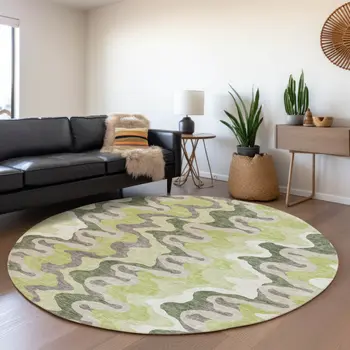 8' Artichoke Green And Ivory Round Abstract Washable Indoor Outdoor Area Rug