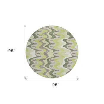 8' Artichoke Green And Ivory Round Abstract Washable Indoor Outdoor Area Rug