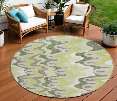 8' Artichoke Green And Ivory Round Abstract Washable Indoor Outdoor Area Rug