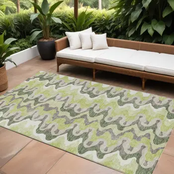 9' X 12' Artichoke Green And Ivory Abstract Washable Indoor Outdoor Area Rug