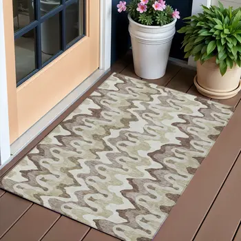 3' X 5' Beige Brown And Taupe Abstract Washable Indoor Outdoor Area Rug