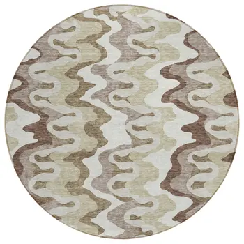 8' Beige Brown And Taupe Round Abstract Washable Indoor Outdoor Area Rug