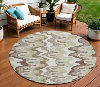 8' Beige Brown And Taupe Round Abstract Washable Indoor Outdoor Area Rug