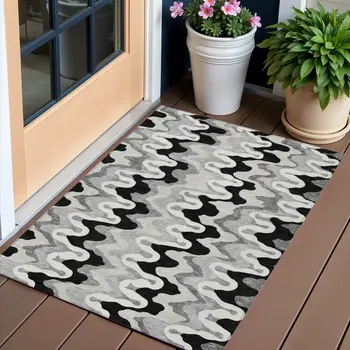 3' X 5' Black Gray And Silver Abstract Washable Indoor Outdoor Area Rug