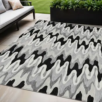 5' X 8' Black Gray And Silver Abstract Washable Indoor Outdoor Area Rug