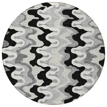 8' Black Gray And Silver Round Abstract Washable Indoor Outdoor Area Rug