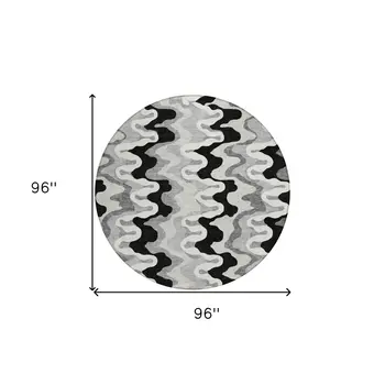 8' Black Gray And Silver Round Abstract Washable Indoor Outdoor Area Rug