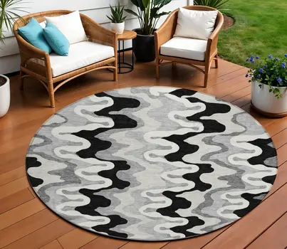 8' Black Gray And Silver Round Abstract Washable Indoor Outdoor Area Rug