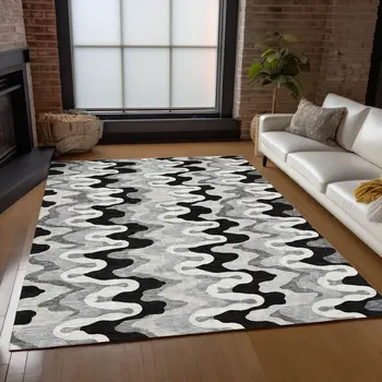 9' X 12' Black Gray And Silver Abstract Washable Indoor Outdoor Area Rug