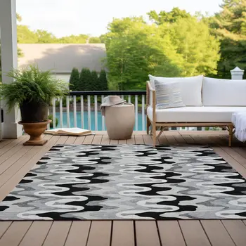 9' X 12' Black Gray And Silver Abstract Washable Indoor Outdoor Area Rug